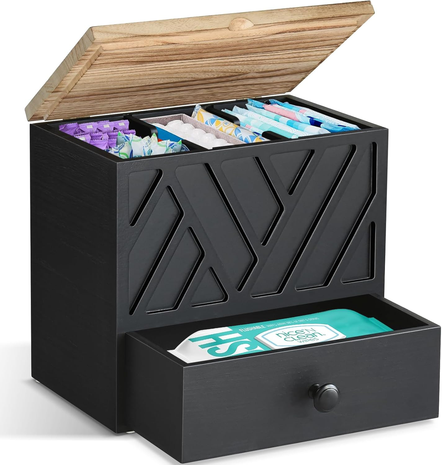 Tampon Holder for Bathroom Decor, Feminine Product Organizer with Lid and Drawer