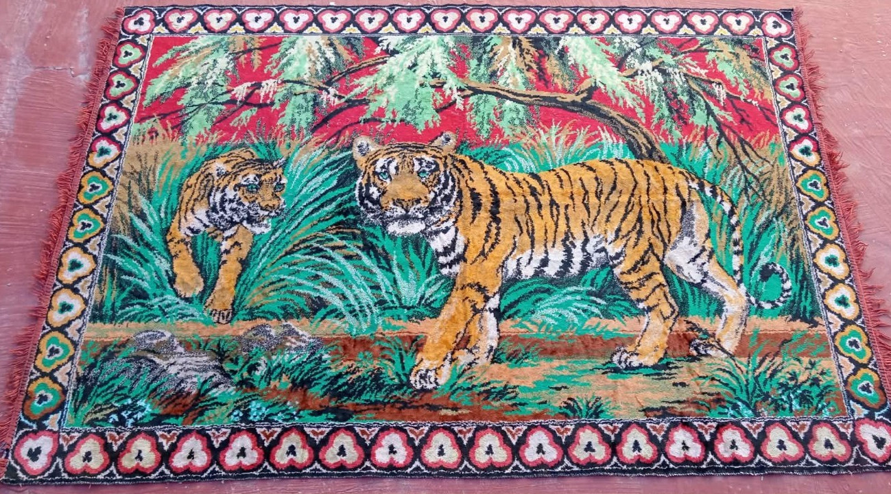 Vintage 70s Tigers Velvet Tapestry Wall Hanging MCM Huge 66x45 in Hanging Rug