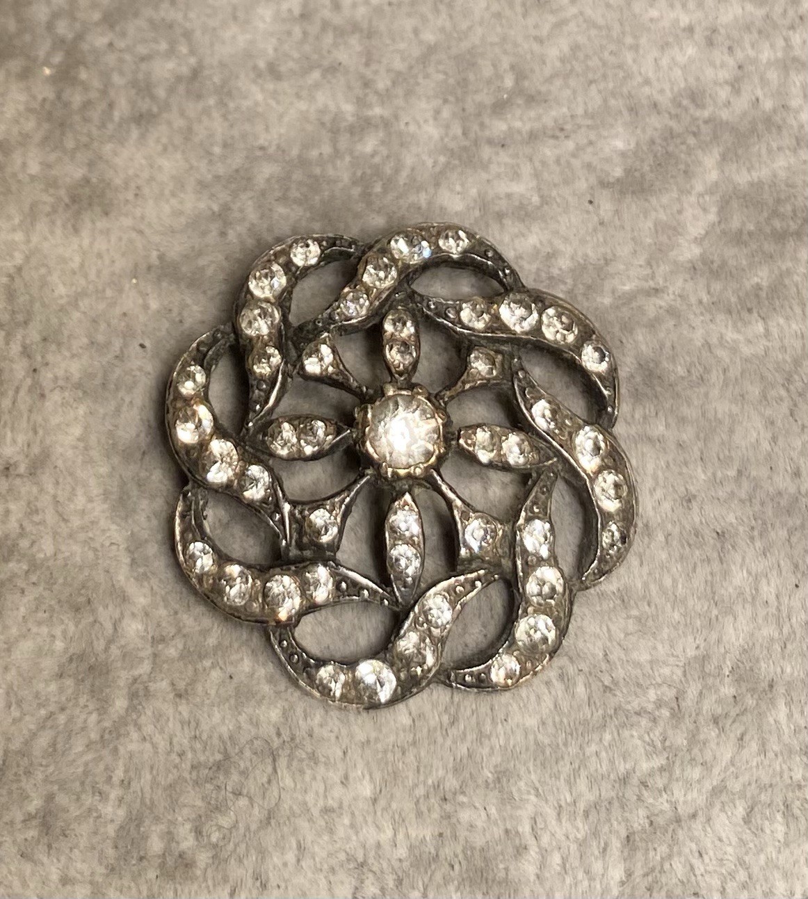 Antique Glass Metal French Button W/ Rhinestones 1-1/4” Diameter