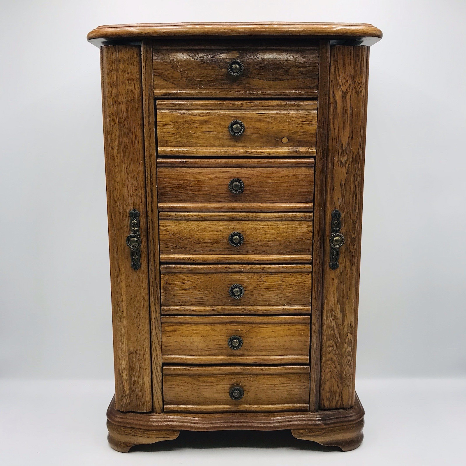 Vintage Wooden Jewelry Armoire Chest - 7 Drawers, Side Doors, Mirror15x10x6 In