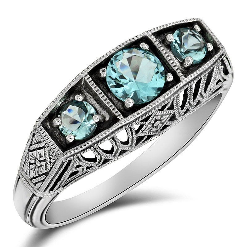 1CT Natural Aquamarine 925 Sterling Silver Art Nouveau Ring Jewelry Sz 8 XB3-4