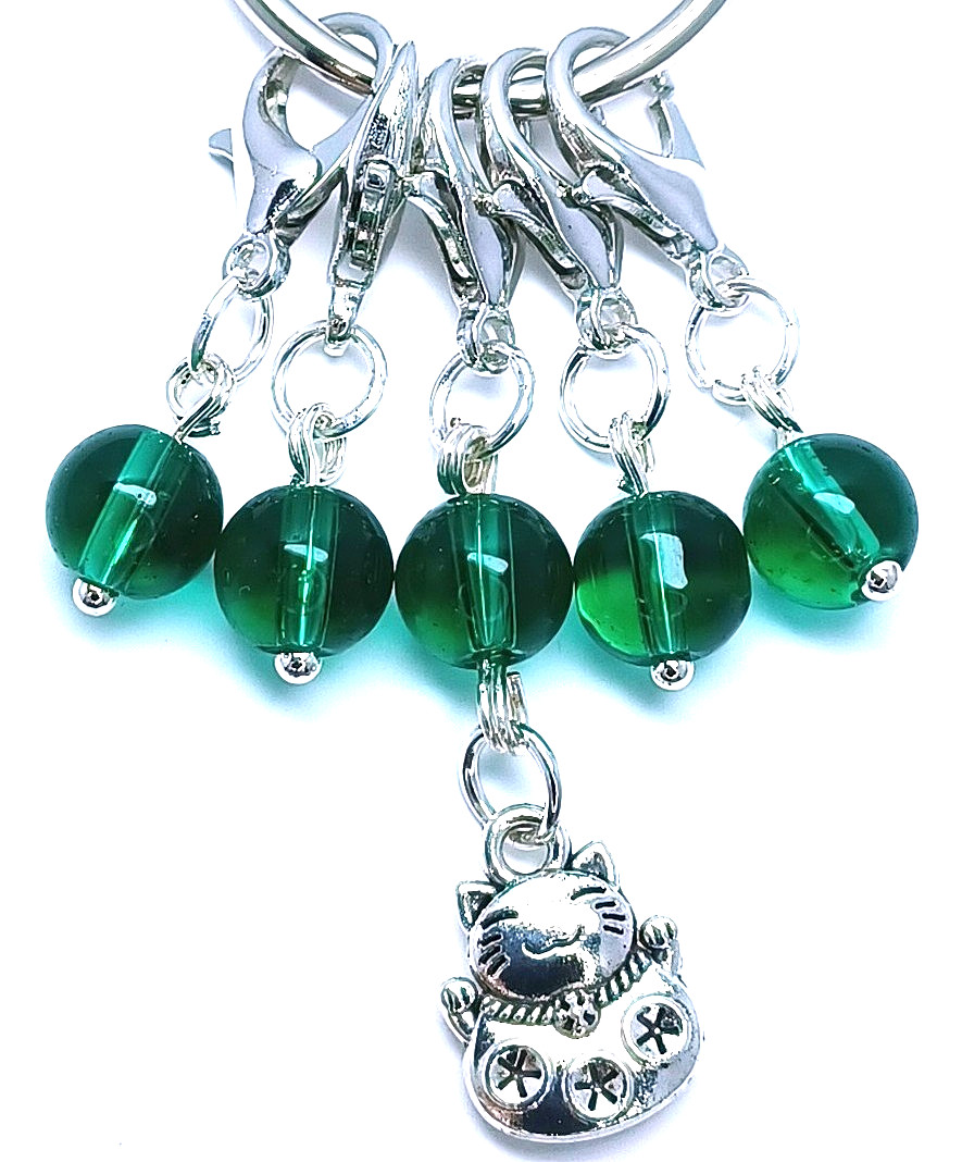 MikieLou Stitch Markers Premium Lucky Cat Charm Green Glass Knitting Crochet USA