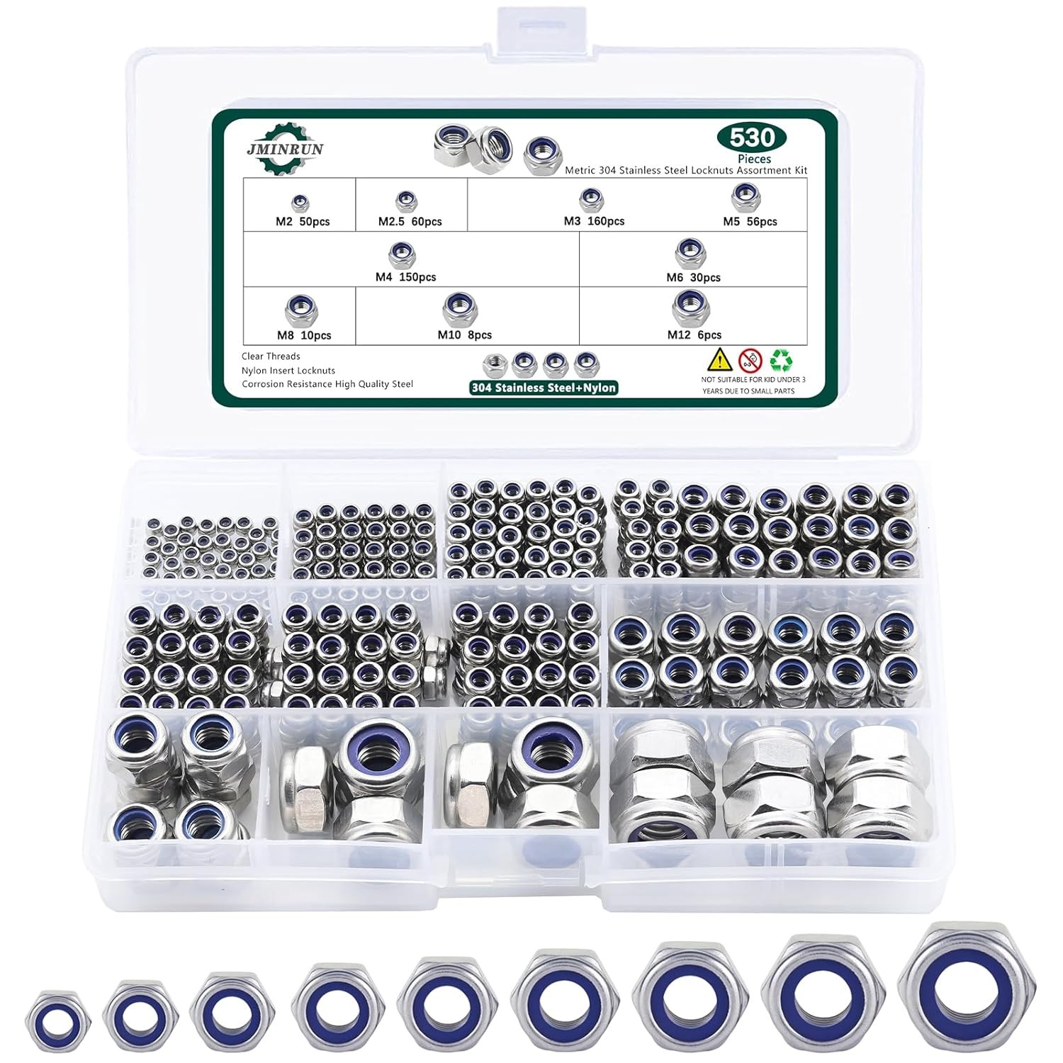 Nylon Insert Lock Nut Assortment 530PCS Stainless M2-M12