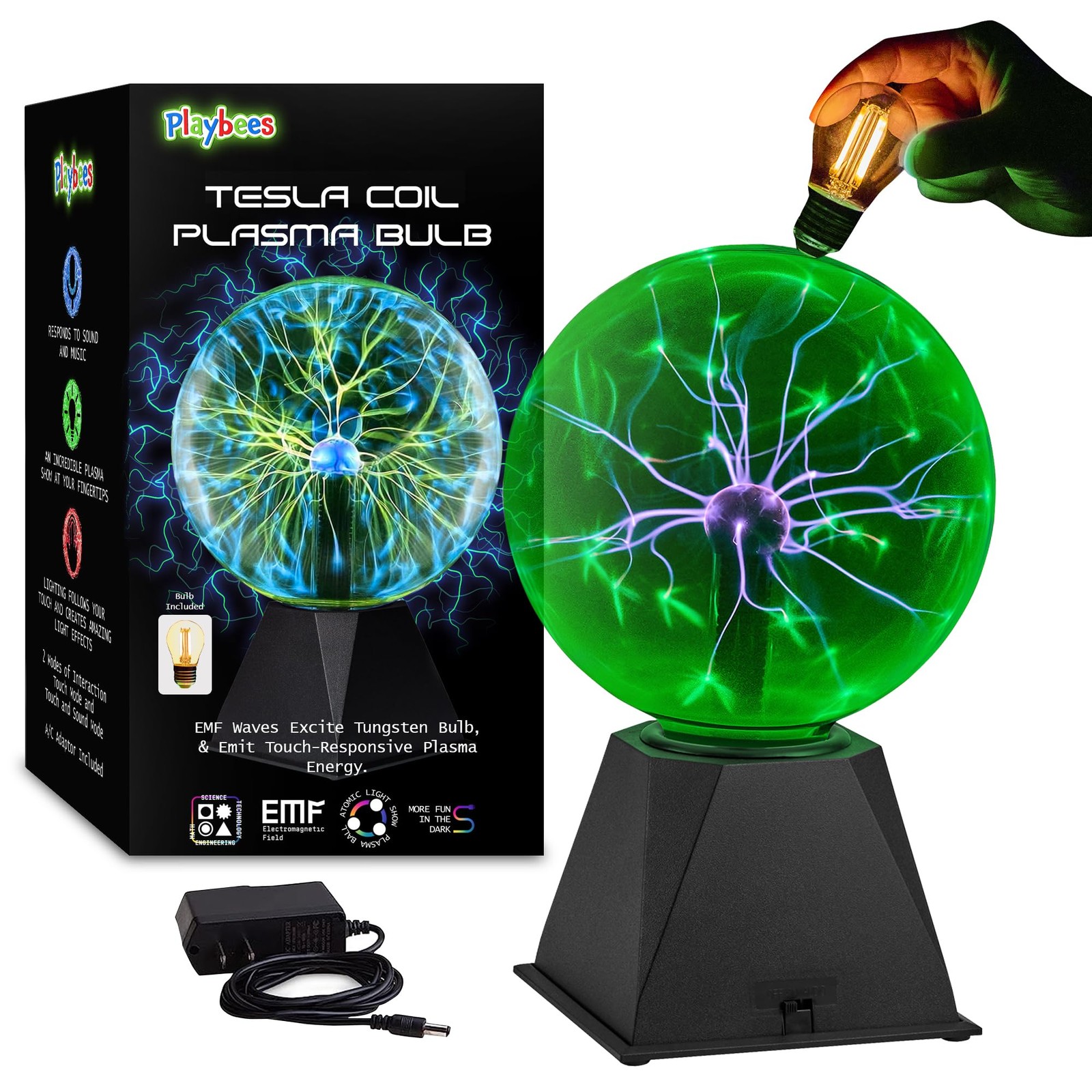 Green Plasma Ball - 7 Inch - Tesla Coil Bulb Static Electricity in a Vacuum P...