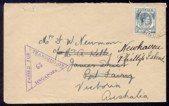 STRAITS & SETTLEMENTS KGVI CENSOR 68 TO AUSTRALIA