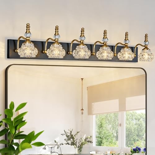 Vintage Bathroom Vanity Light Fixture Industrial with Glass 6-Light Black Gold