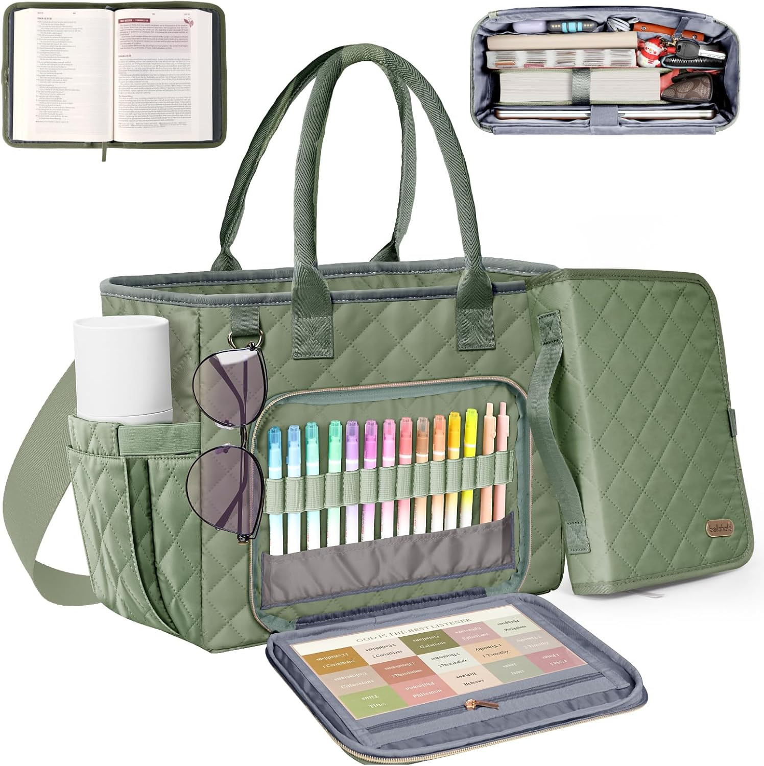 Quilted Bible Bag with Shoulder Strap for Women - Green Church Tote