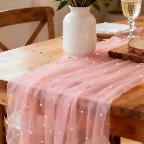  Pearl Table Runner 30x120 Inch 10FT Long Gauze Table Runners, Rustic 10ft Pink