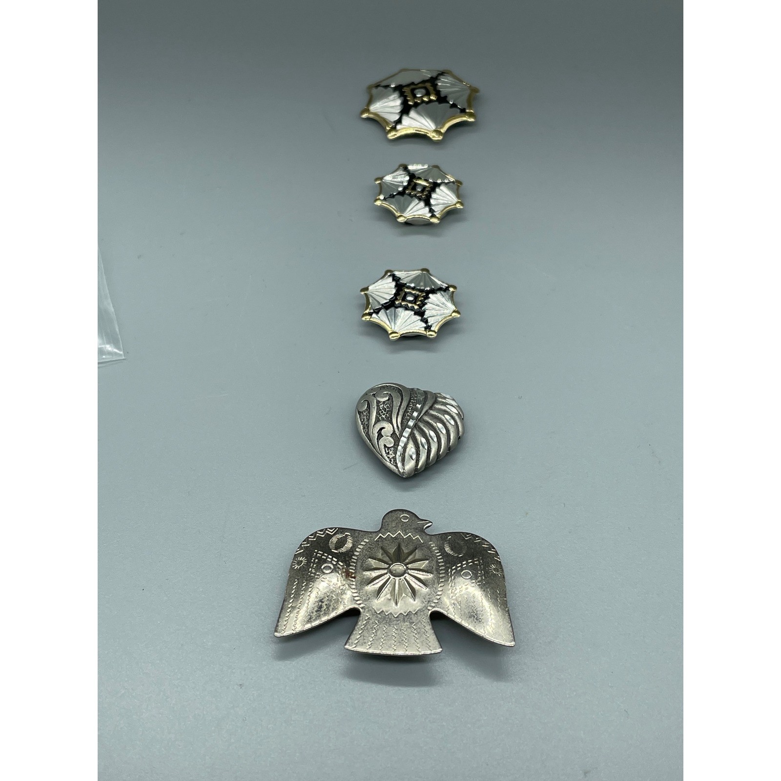 Western Thunderbird Heart Sunburst Button Covers Set Silver Gold Tone 5pc