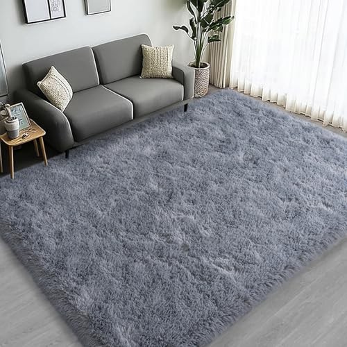 Large Area Rugs for Living Room Bedroom, 9x12 Feet Grey Fluffy Shag Rugs, 
