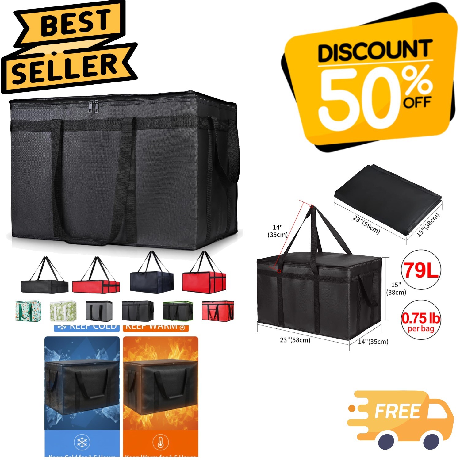 Versatile Insulated Grocery Cooler Bag - 79L Capacity for Delivery & Travel