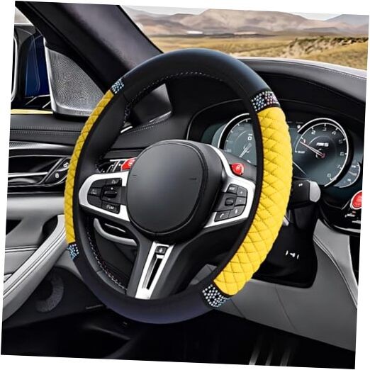 Bling Soft Leather Steering Wheel Cover, 15" Anti-Slip Sparkly Crystal Yellow