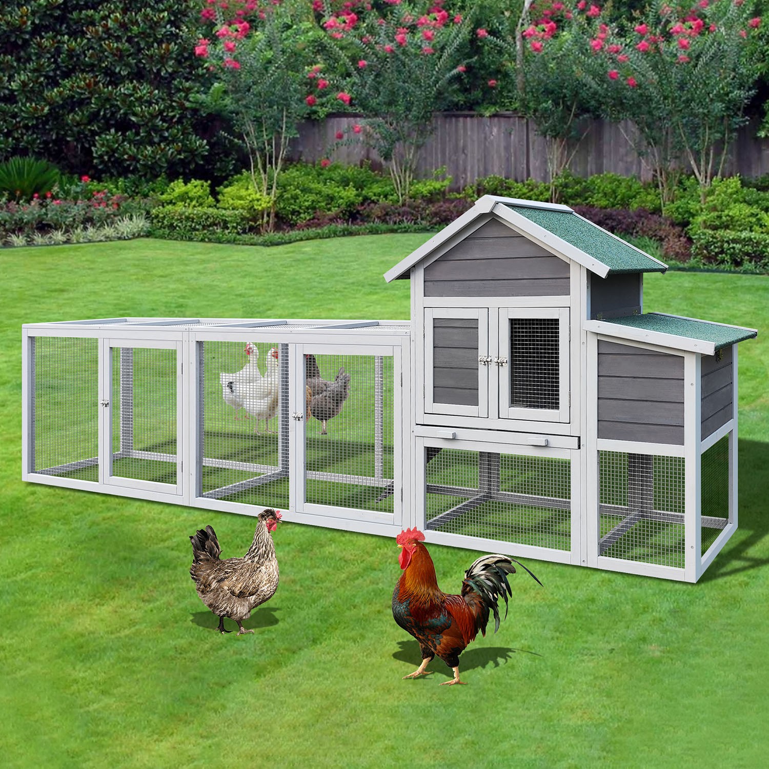 Gray Wooden Chicken Coop Outdoor Hen House with Run,Waterproof Roof &Nesting Box