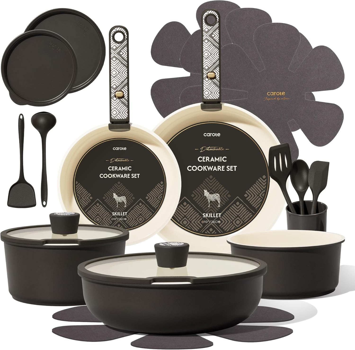 21-Piece Ceramic Cookware Set, Nonstick Pots and Pans Set with Detachable Handle