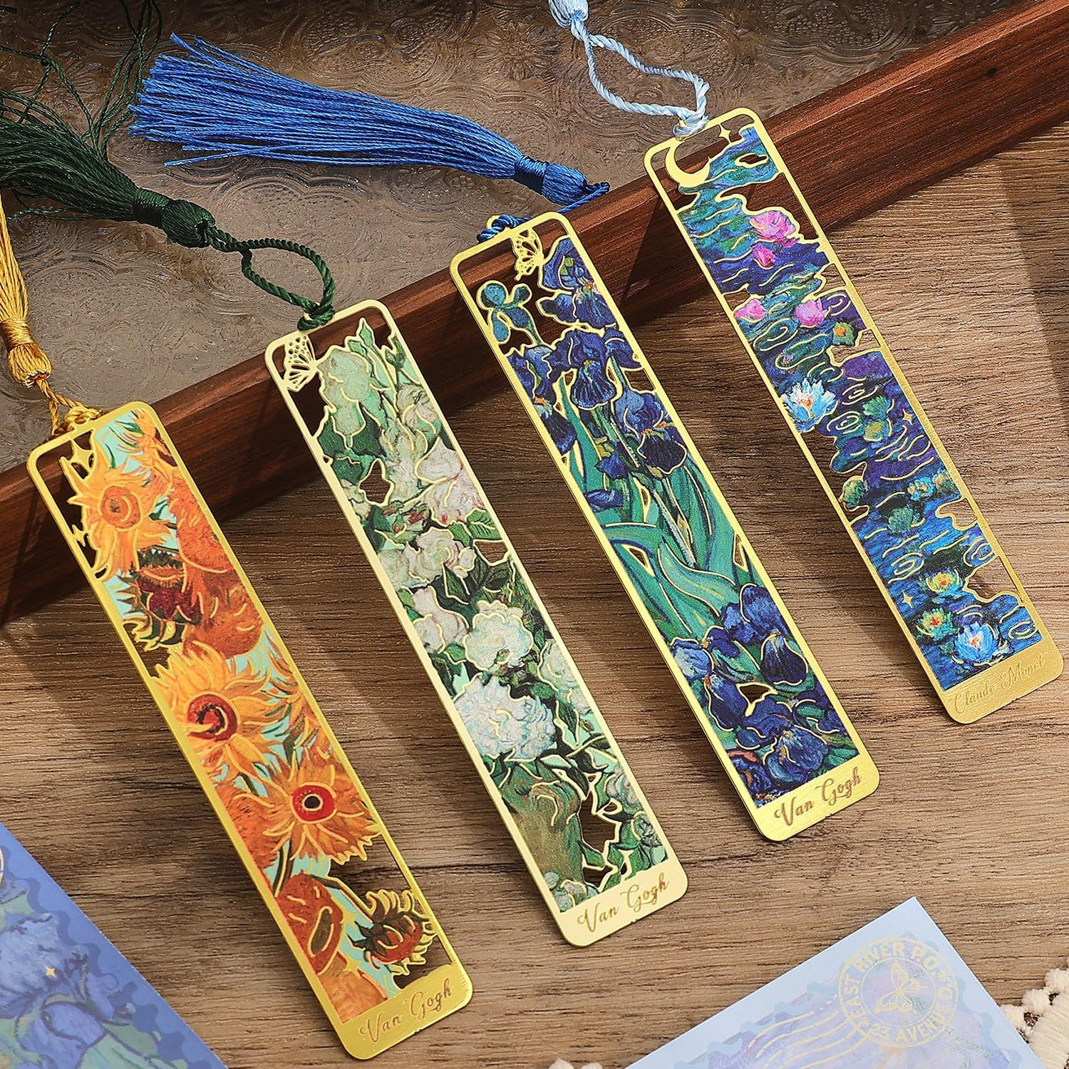 4 Pieces Metal Bookmarks with Tassel, Golden Hollow Bookmark Oil Painting Theme 