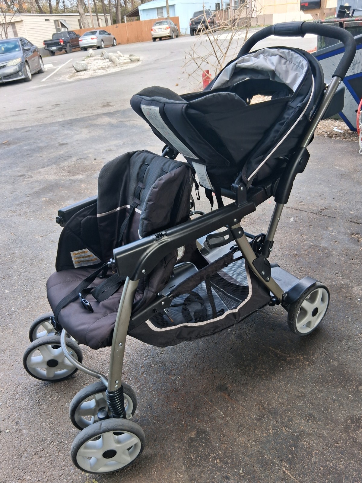 Graco Double Stroller Black Gray Cup Holder Folding Safety Harness Canopy Hood