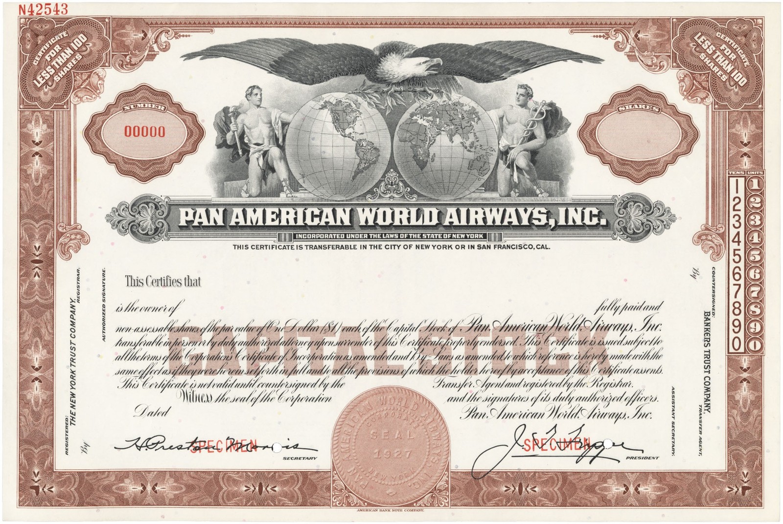 Pan American World Airways, Inc. Stock Certificate.