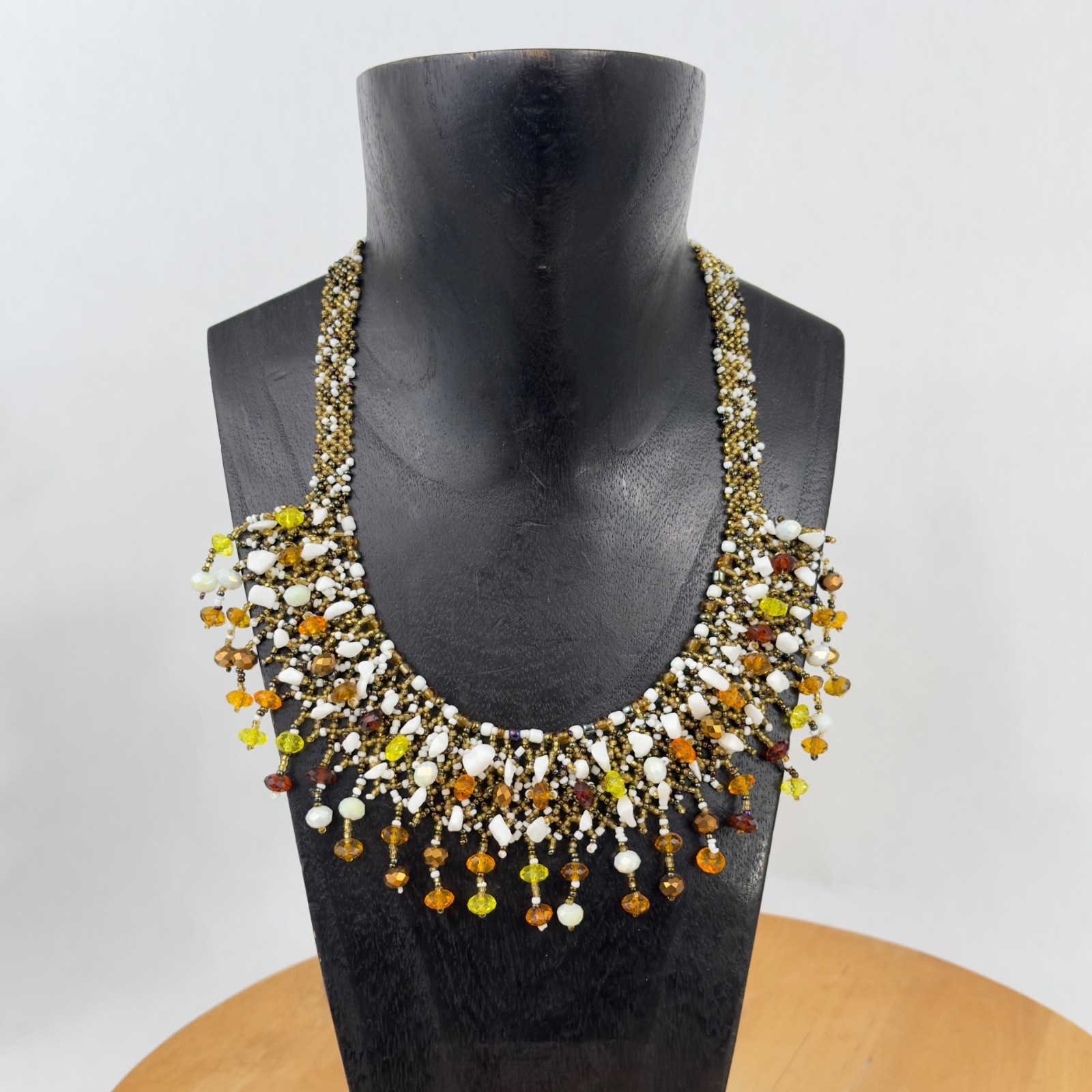 Handcrafted Boho Style Mexican Huichol Artisan Glass Bead Necklace Fringe Design