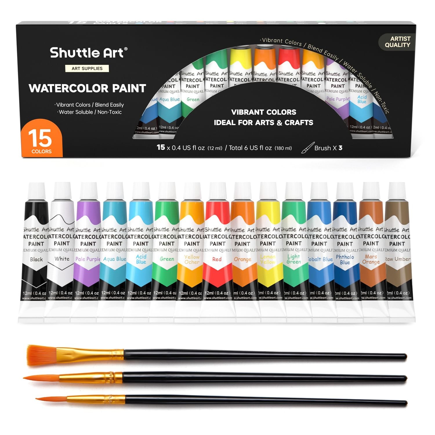 Shuttle Art Watercolor Paint Set, 15 Colors 0.4 Fl Oz (Pack of 15), 15 