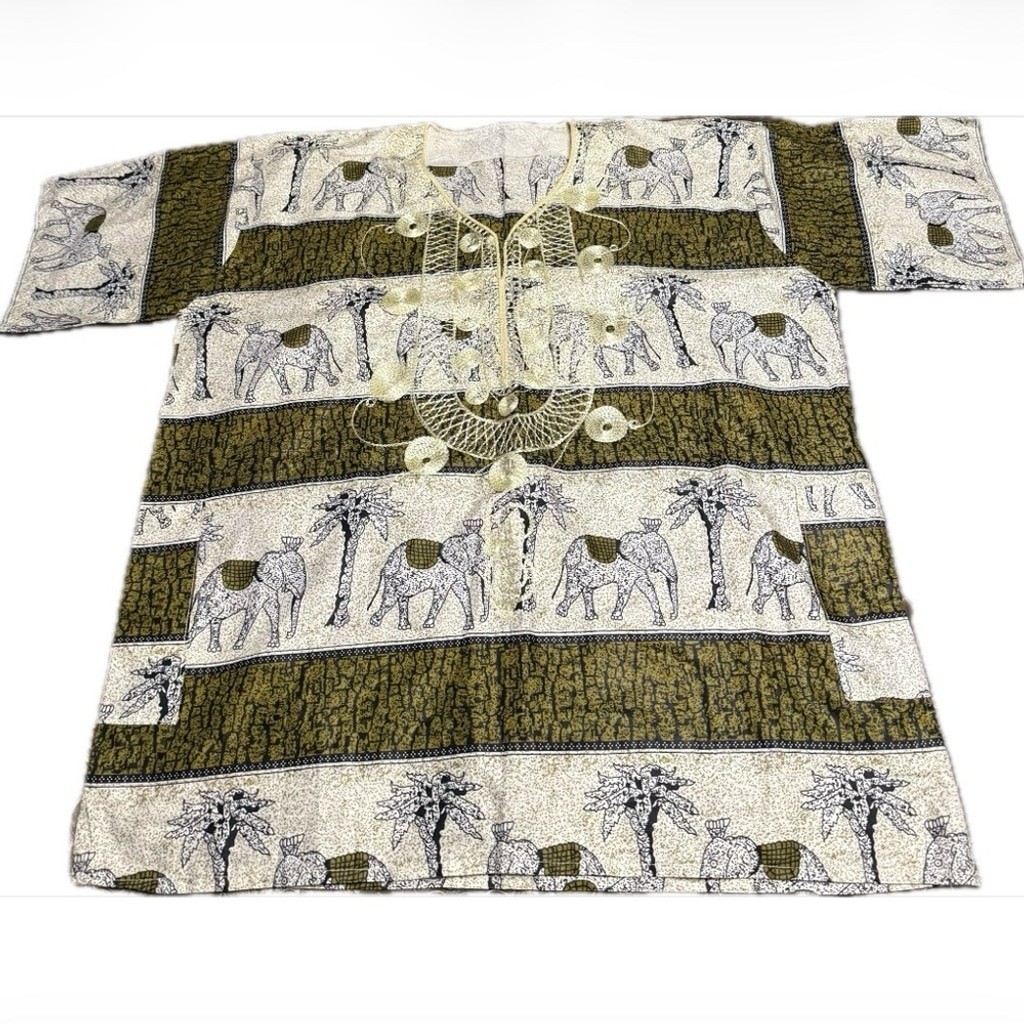 Handmade African Print Tunic with Elephant and Palm Tree Design Embroidered
