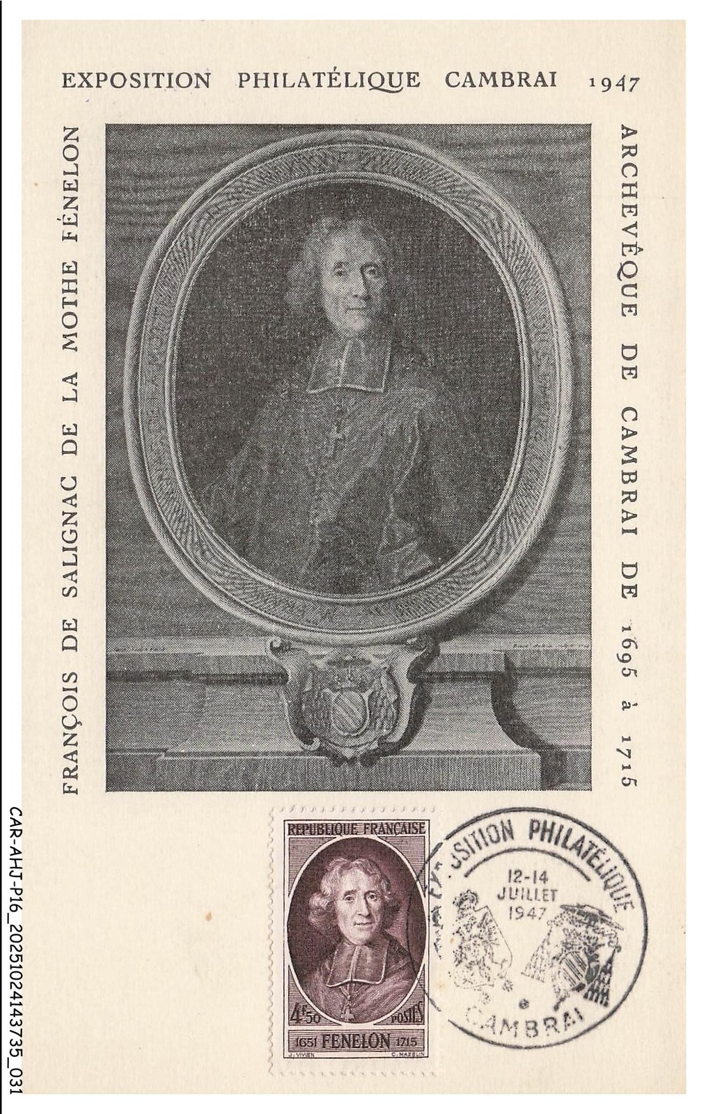 CAR-AHJP16-0773-MAXIMUM Card - Philatelic Exhibition Cambrai - Fenelon - 1