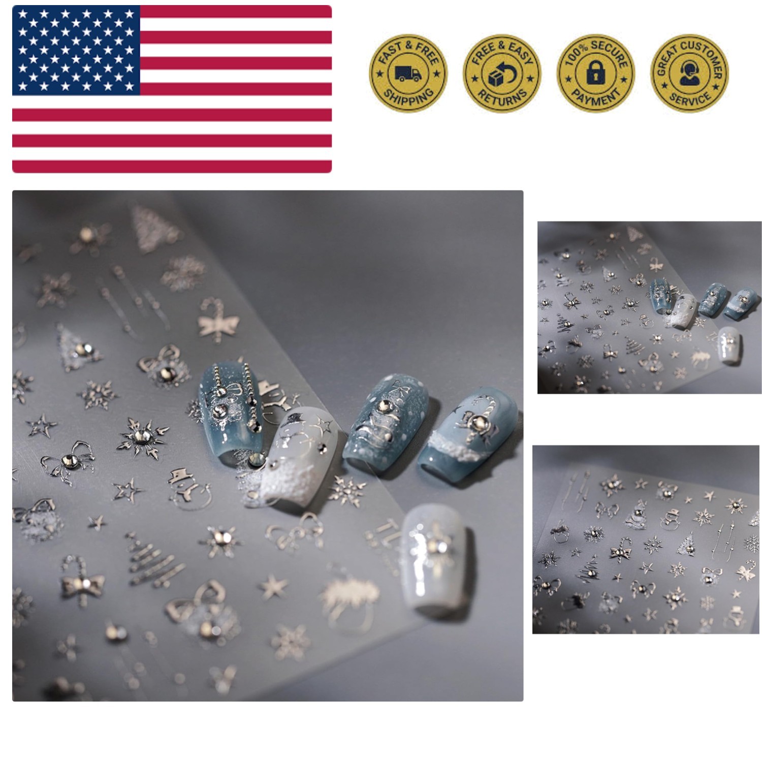 5D Embossed Silver Christmas Nail Stickers for Nail Art Xmas Nail Art Sticker...