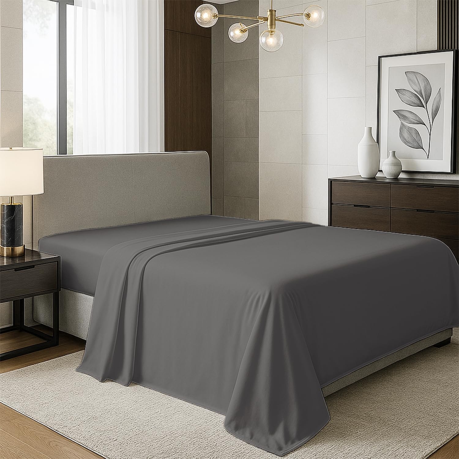 TEXAS LINEN CO. 100% Organic Cotton Percale Flat Sheet King King, Dark Grey 