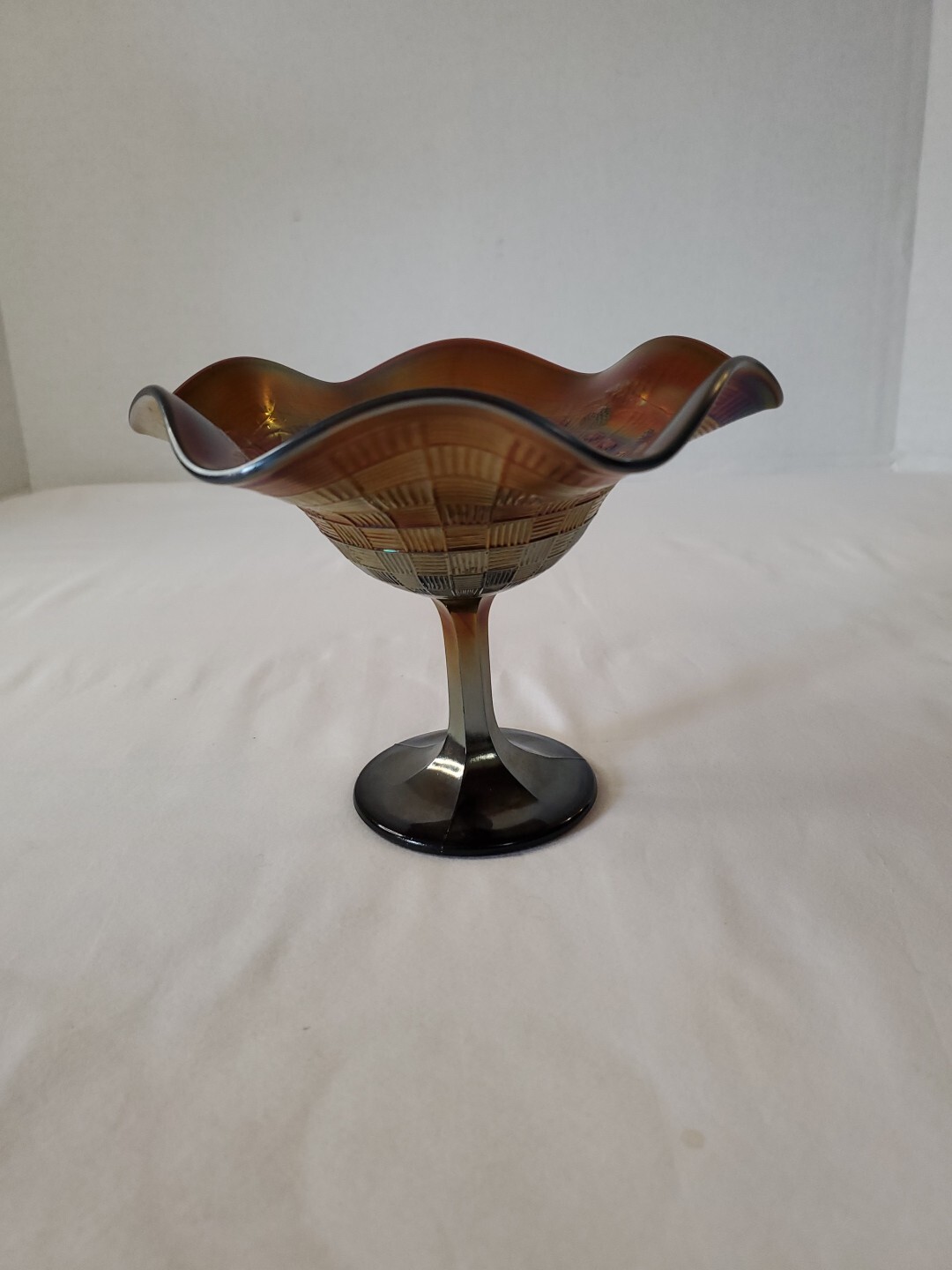 Vintage Northwood Amethyst Carnival Glass Compote Basketweave Pattern Strawberry