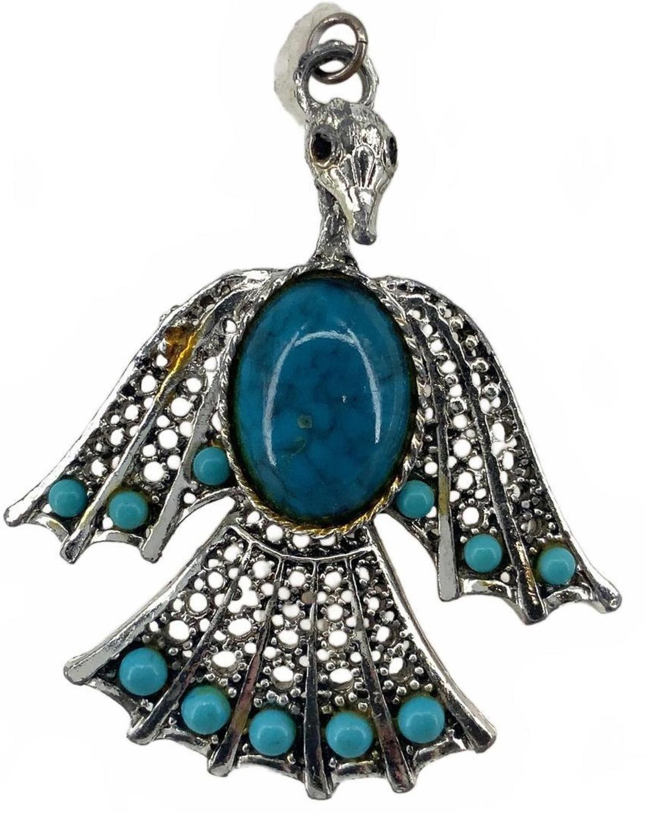Vintage Faux Turquoise Silver Tone Southwestern Thunderbird Bird Pendant Large