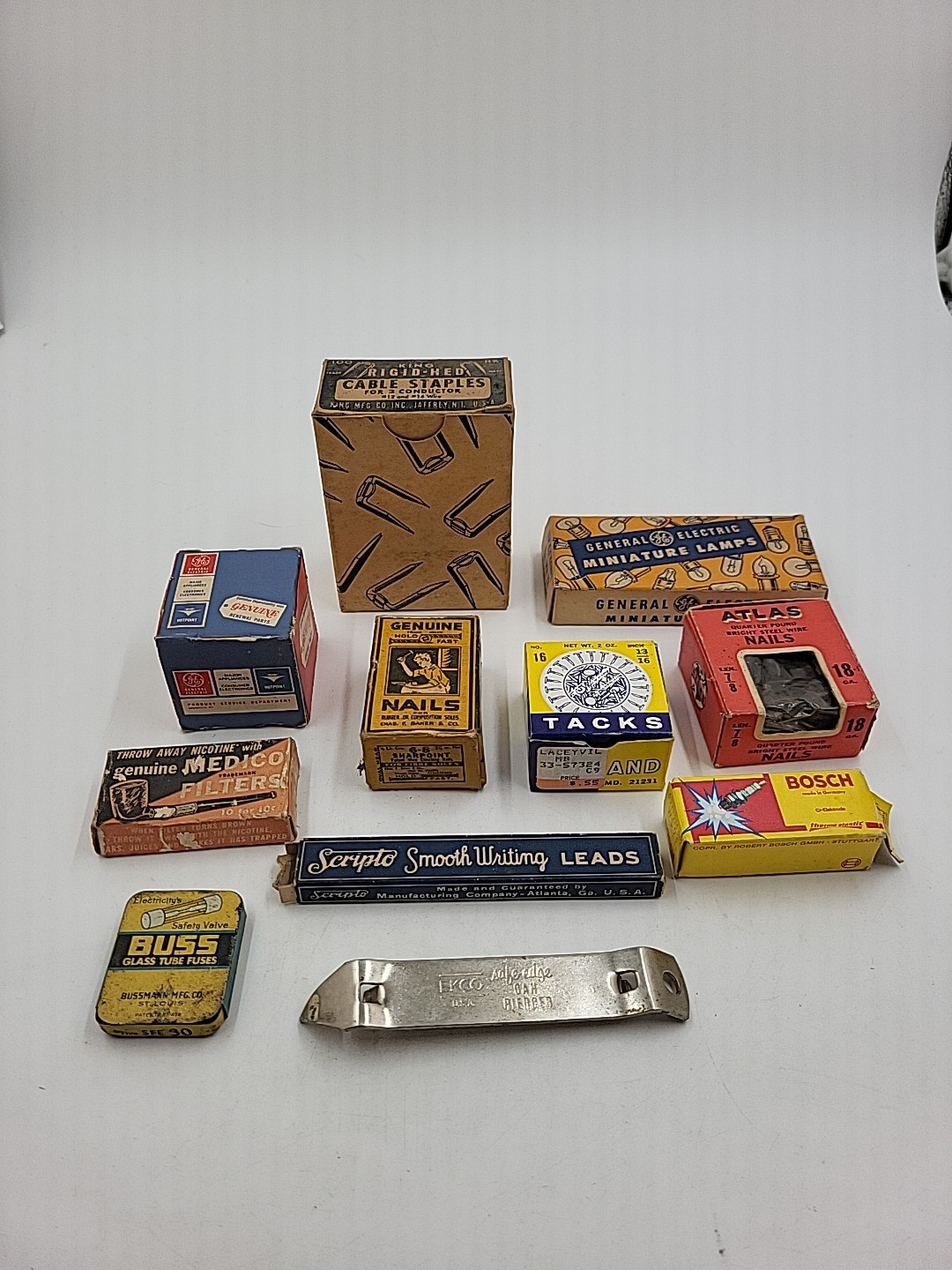Vintage Junk Drawer Lot Advertising Boxes Gadgets 