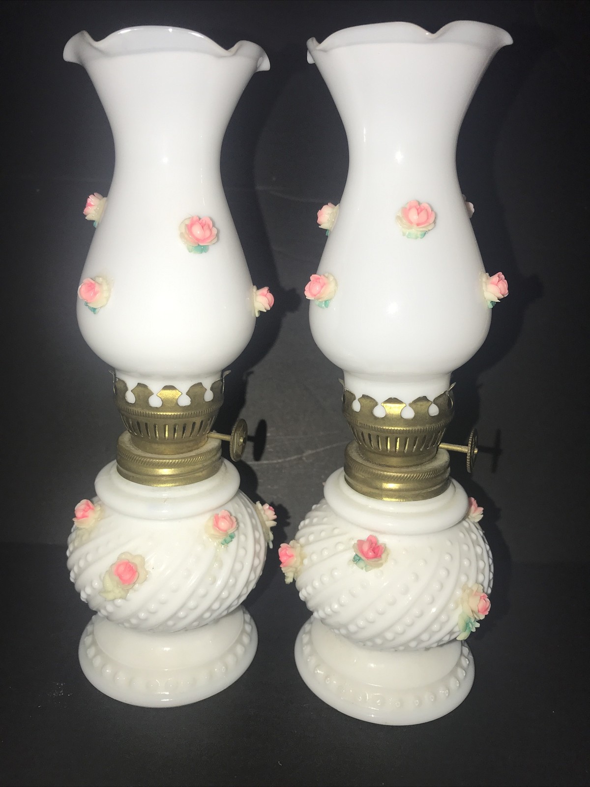 2 Vintage Small White Milk Glass Oil Lamps Applied Pink Flowers Roses