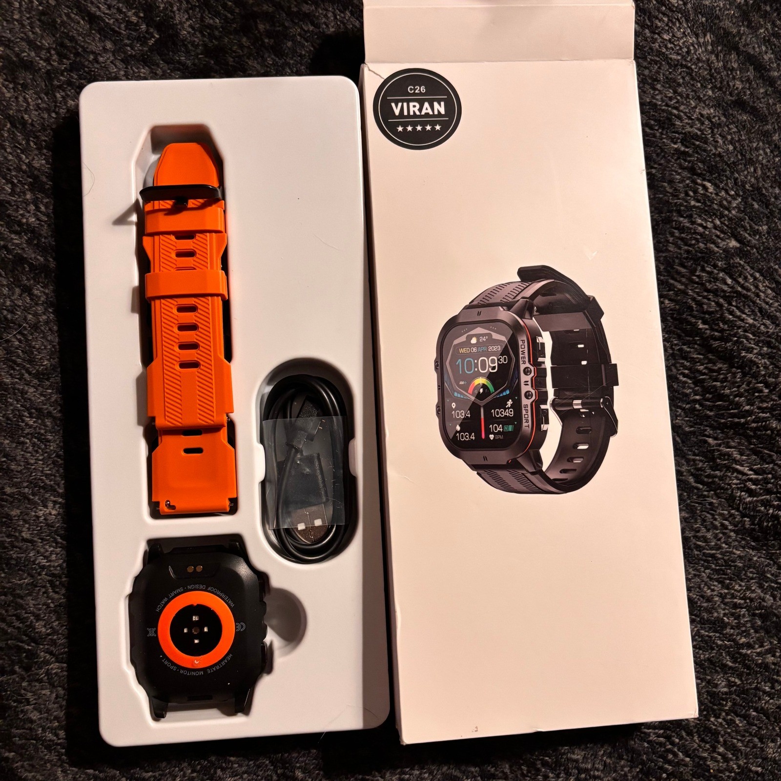 Viran C26 Smart Watch Black Orange Rugged Fitness Tracker Android iPhone