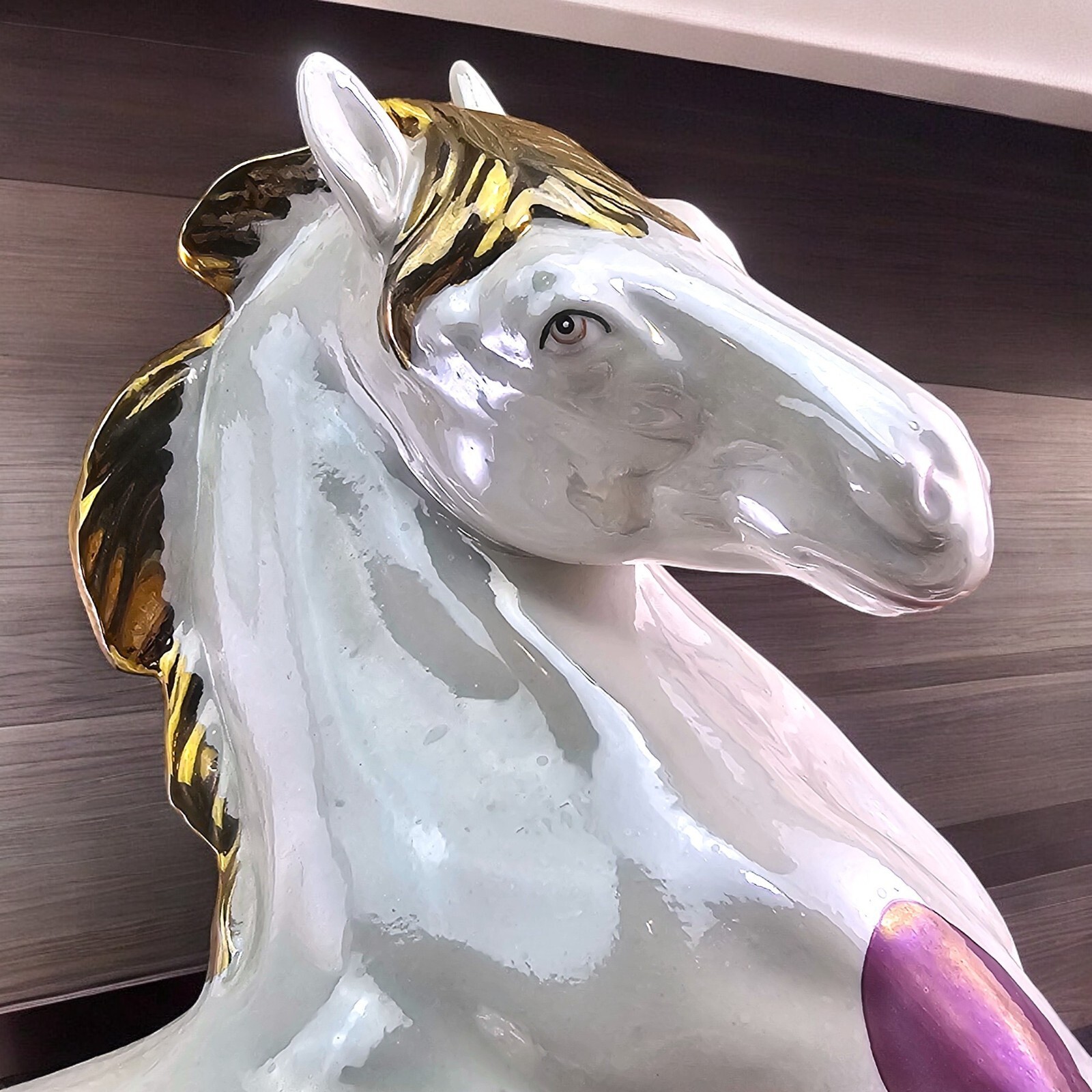 RARE VTG Horse Statue Ceramic Lying Down White Pearlescent Gold Trim MCM 1950s