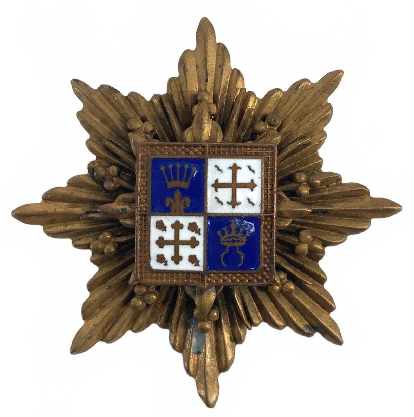 Vintage Brass Tone Heraldic Crest Star Brooch Blue White Enamel Shield Pin