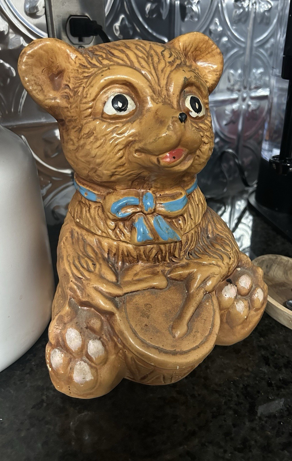 Vintage Ceramic Bear with Blue Bow and Drum Animal cookie jar Collectible
