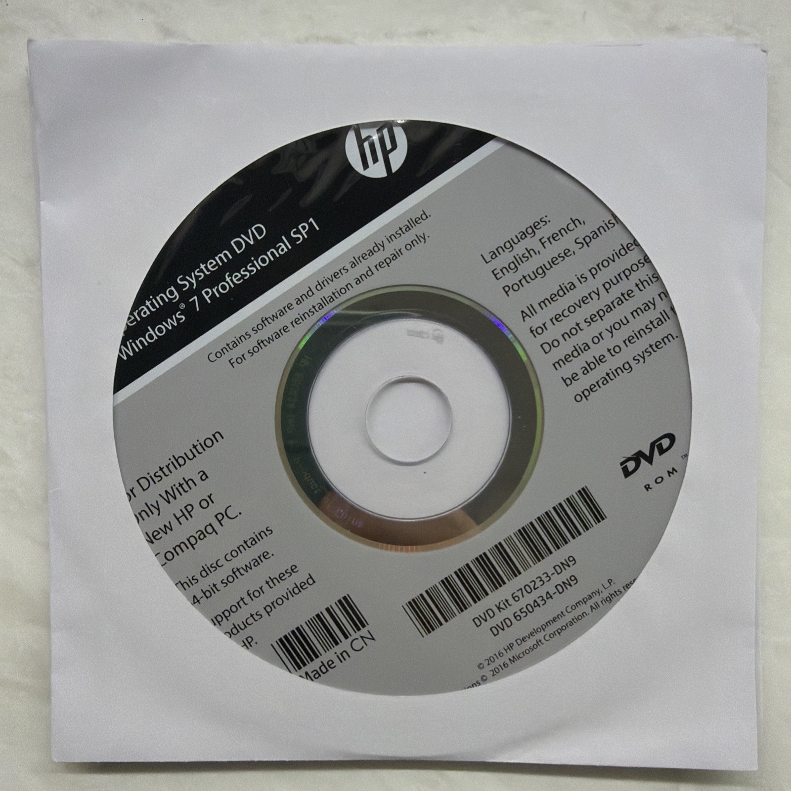 HP Operating System DVD Windows 7 Pro Sp1 64-bit No PRODUCT KEY System Recovery