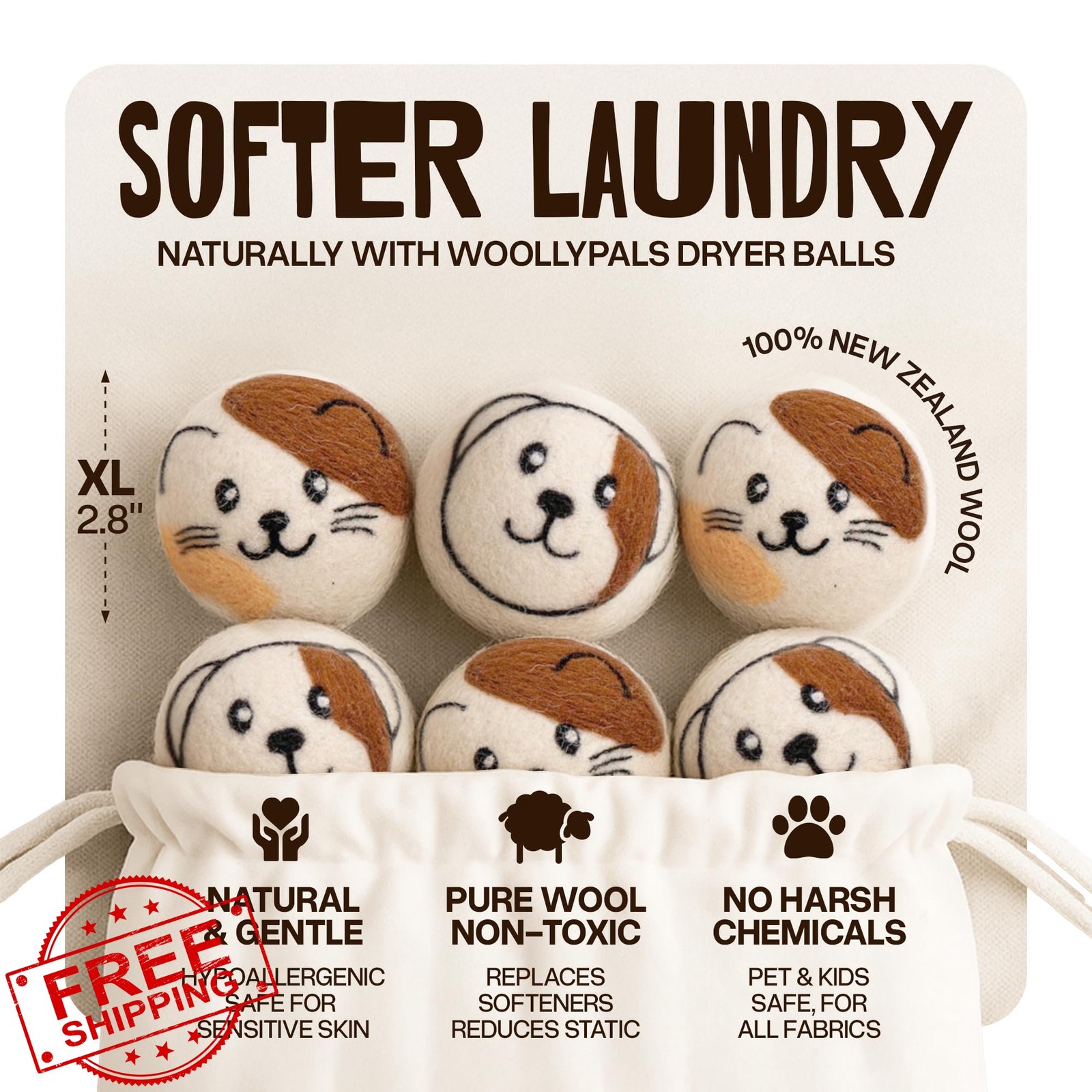 WoollyPals Dryer Balls 6-Pack XL 100% NZ Organic Wool Reusable Eco