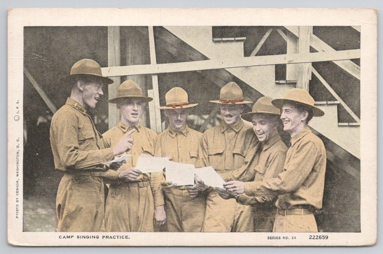 WWI Era Soldiers Camp Singing Practice Sackett & Wilhelms Postcard