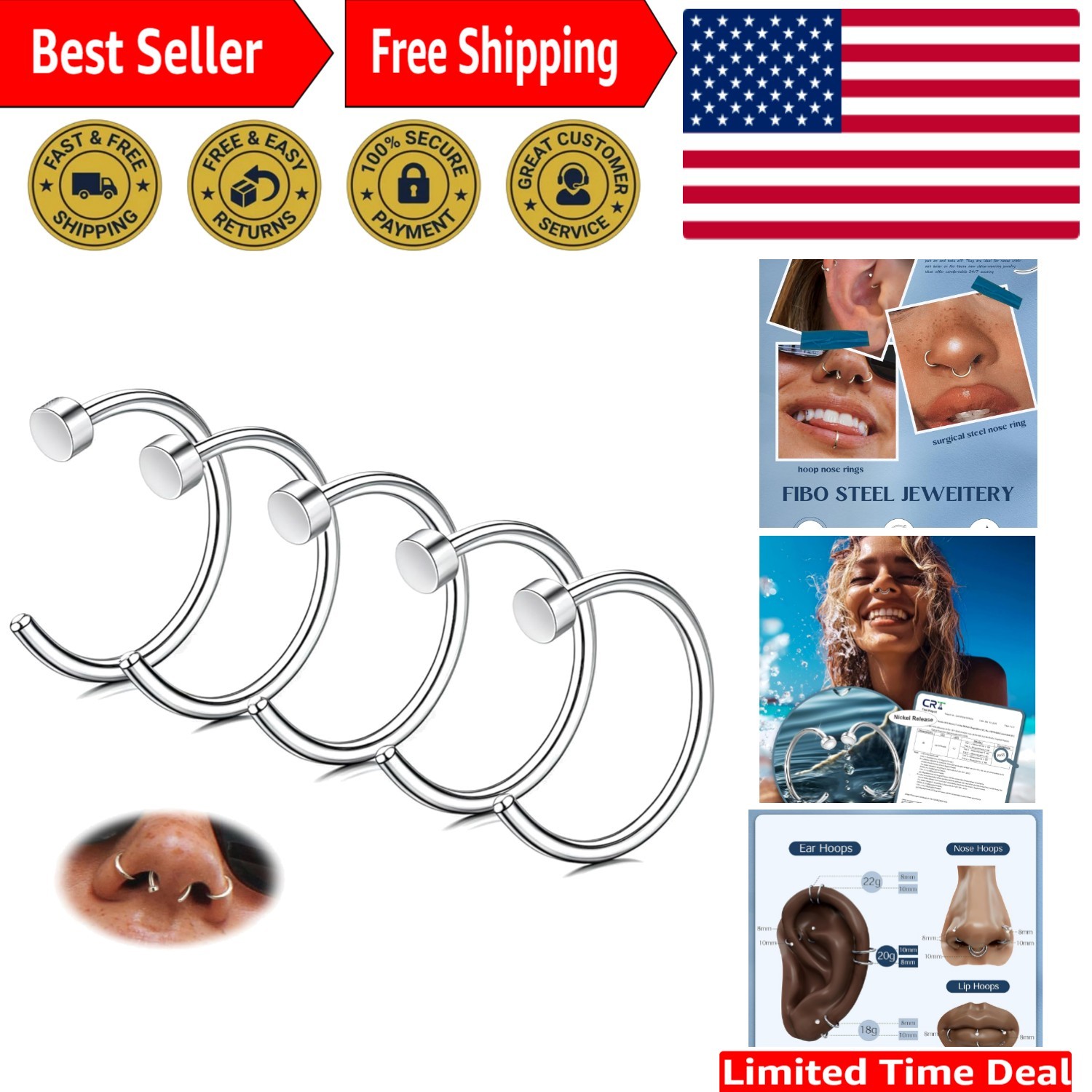 Elegant and Durable 5PCS Stainless Steel Nose Ring Set - Perfect for Gifting
