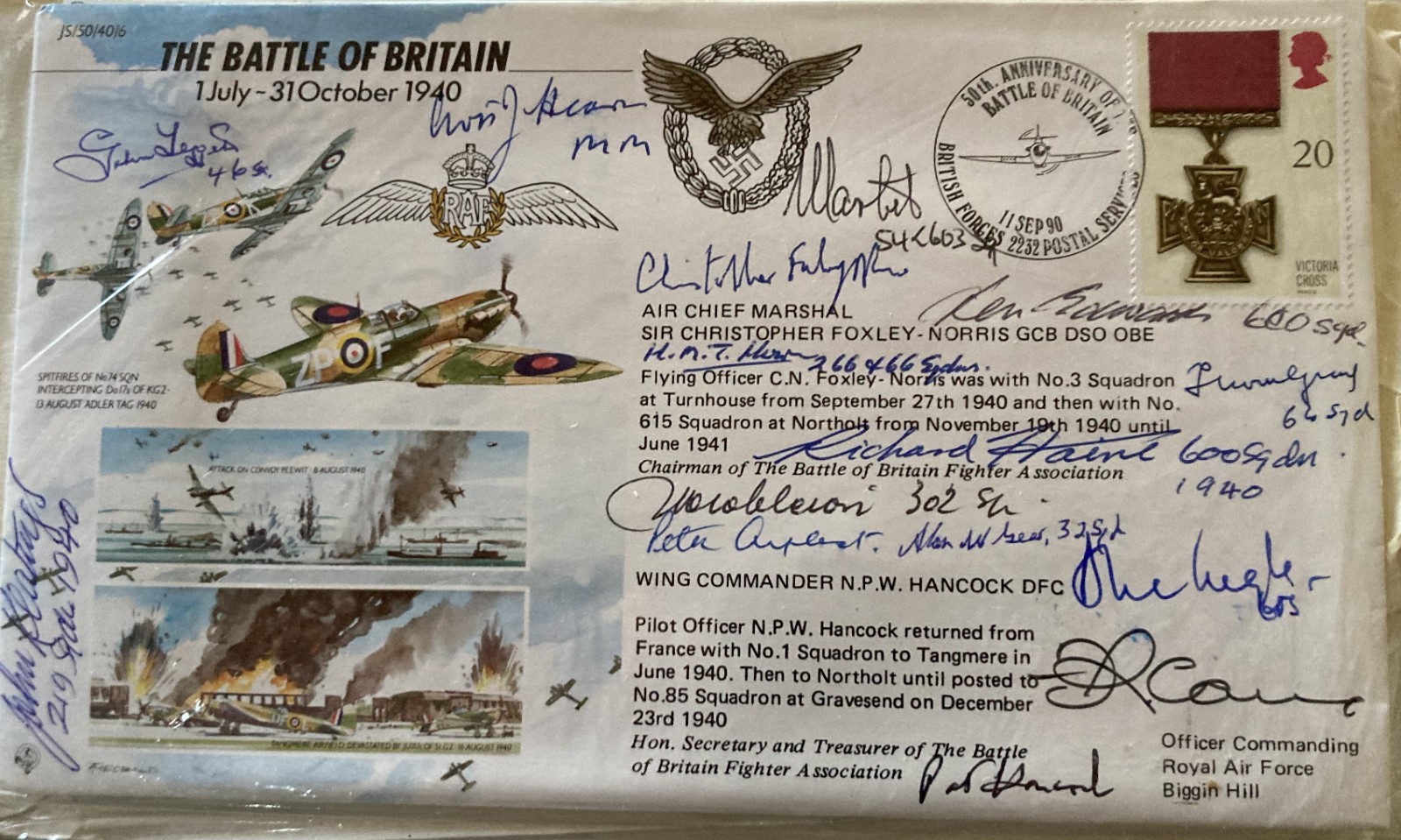 50th ann Battle of Britain FDC signed by 14 inc  AMT Heron, D Cox, John Keatings