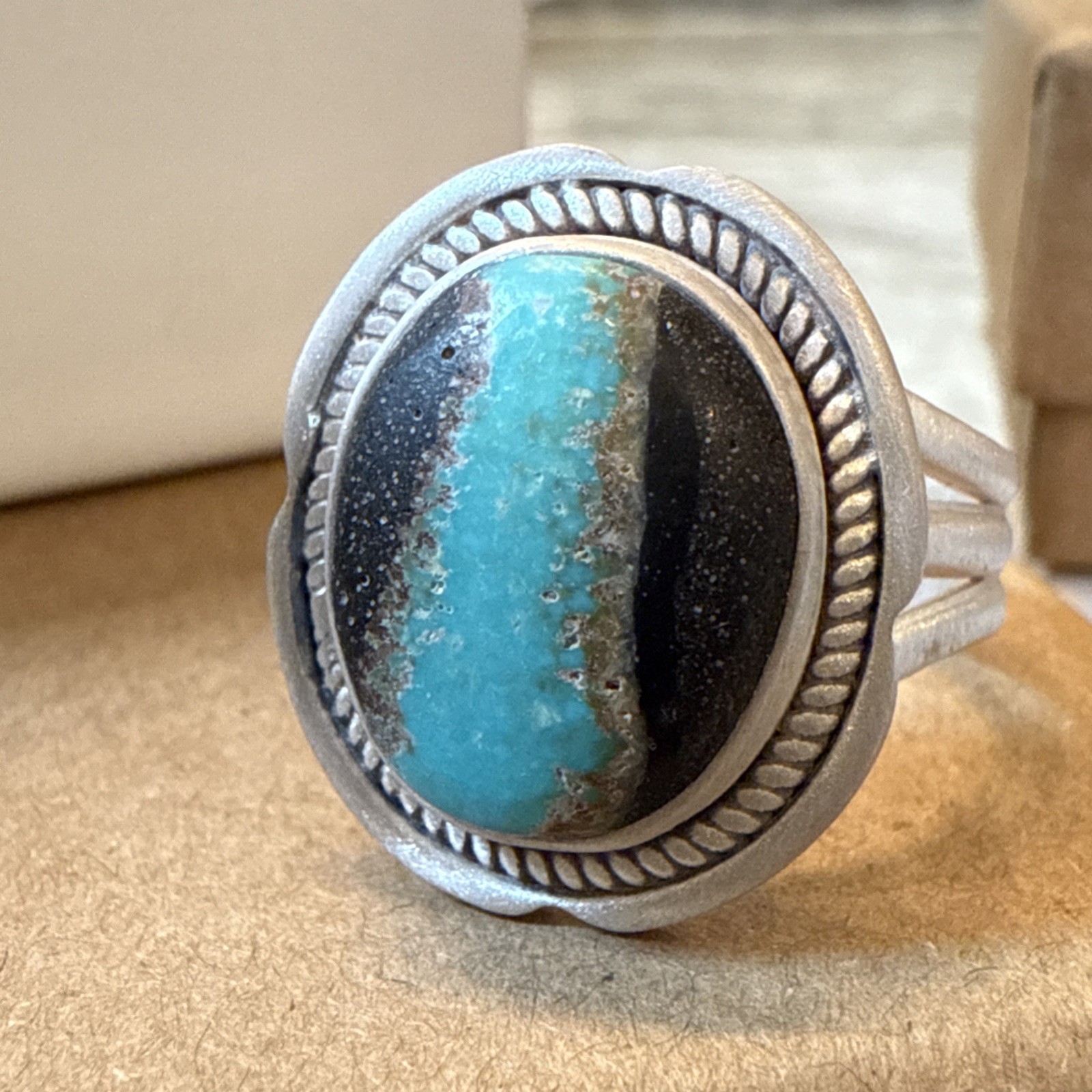 BLACK JACK TURQUOISE Ring Navajo Southwestern Matte Sterling Silver Adjustable