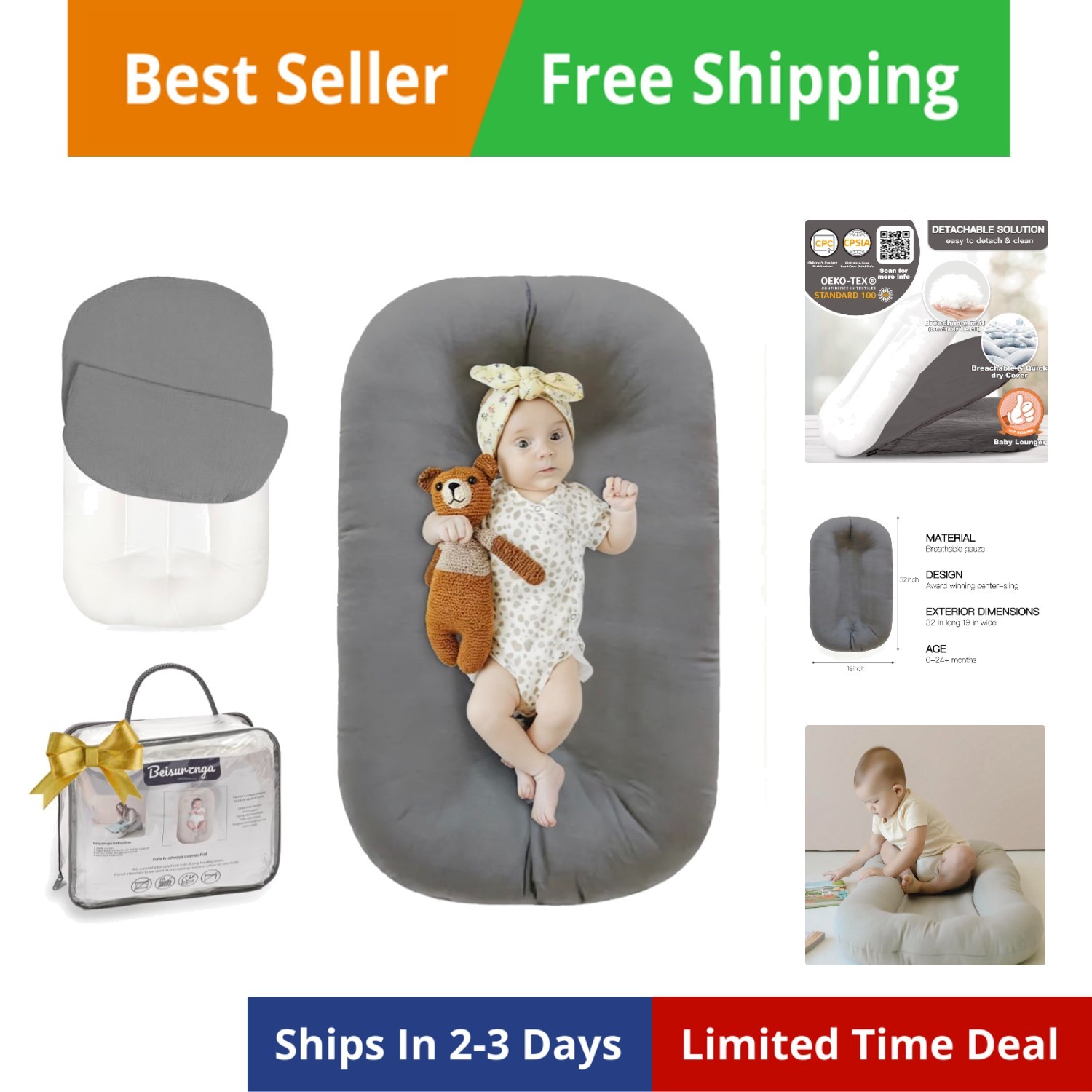 Baby Lounger for Newborn - Snuggle Cozy Me Lounger | Breathable Soft Cotton, ...