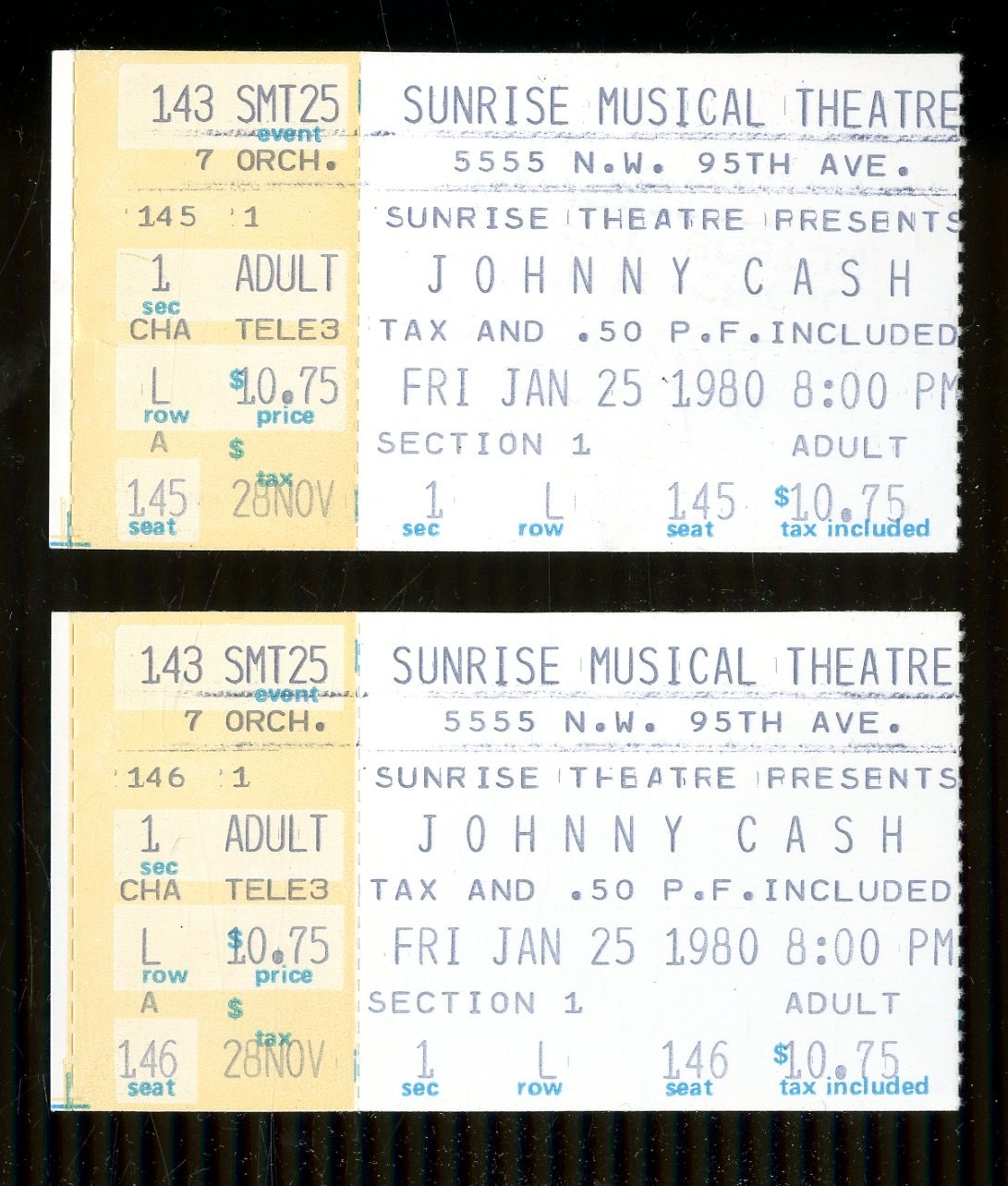 (2) JOHNNY CASH CONCERT TICKET STUBS 1/25/80 SUNRISE MUSICAL THEATRE SUNRISE FL