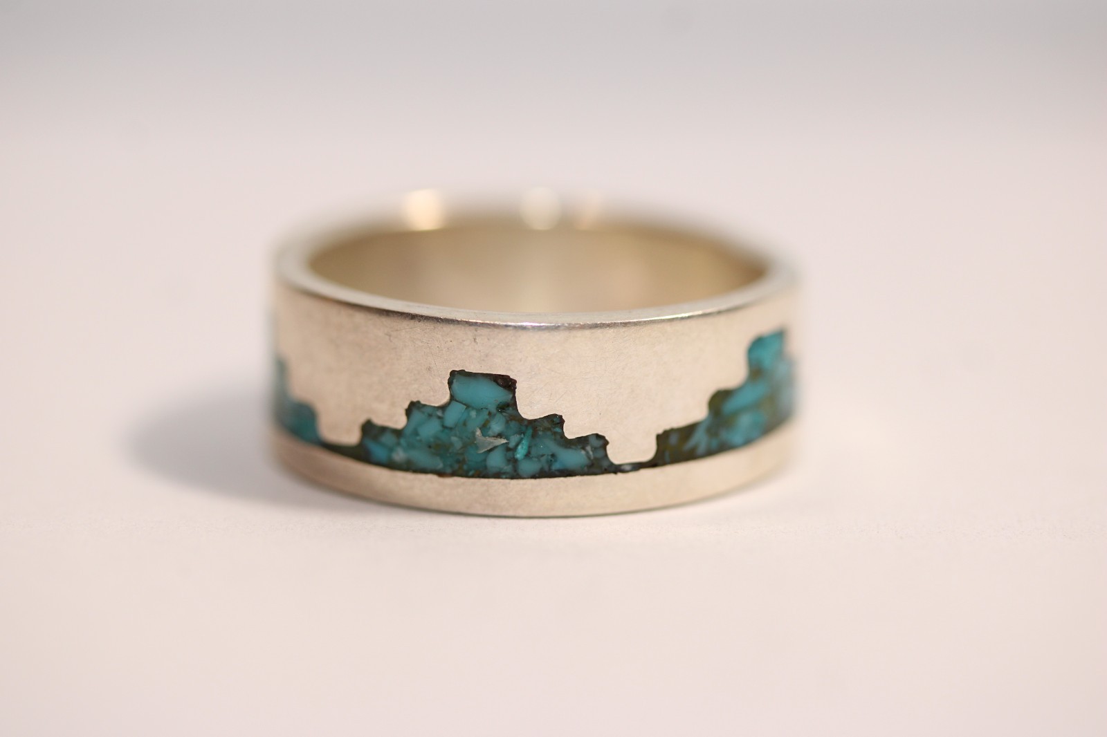 Native American Sterling Silver Turquoise Chip Inlay Ring Size 9