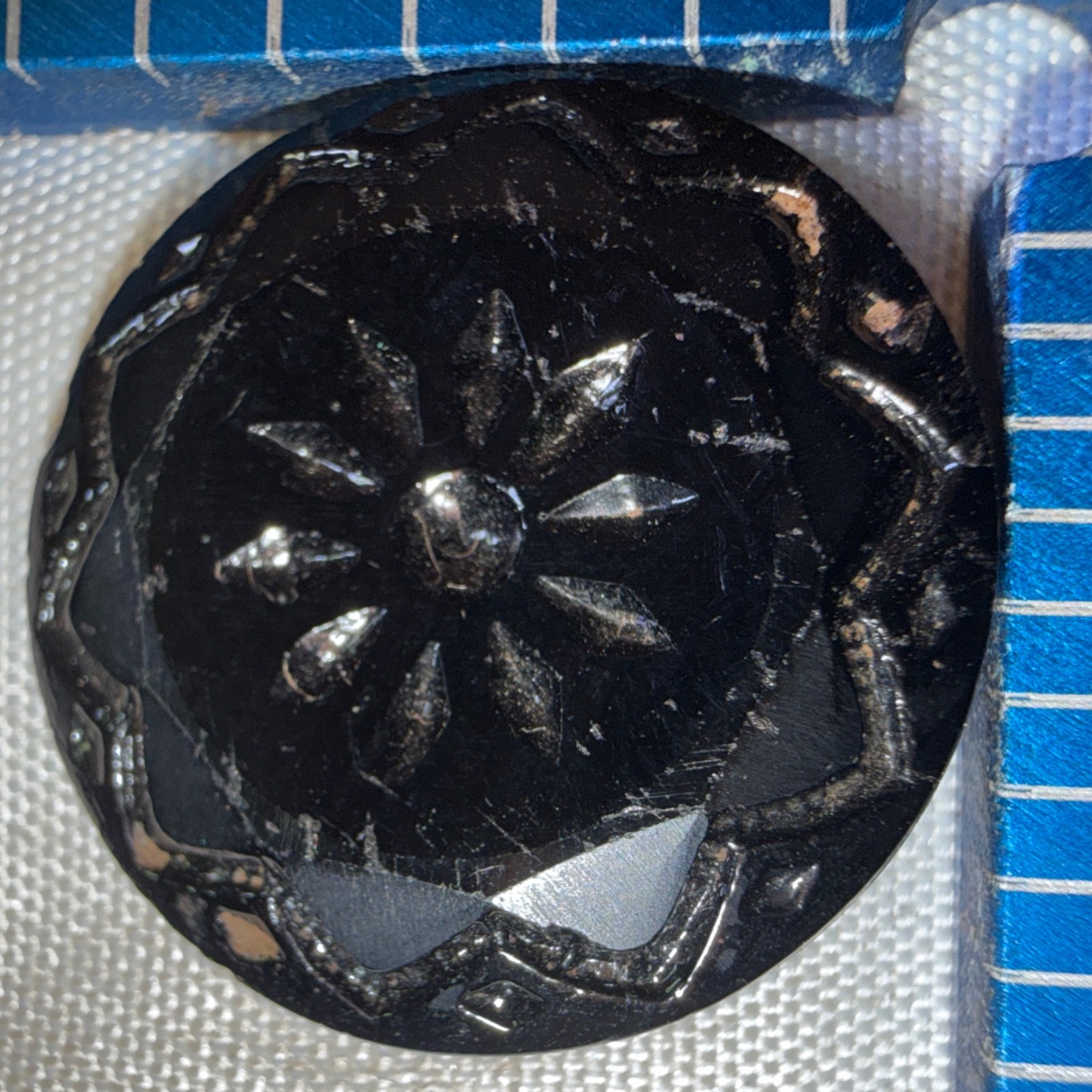 ANTQ Victorian Jet Glass Button Floral Star Sunburst 1880s 22mm Lg VTG