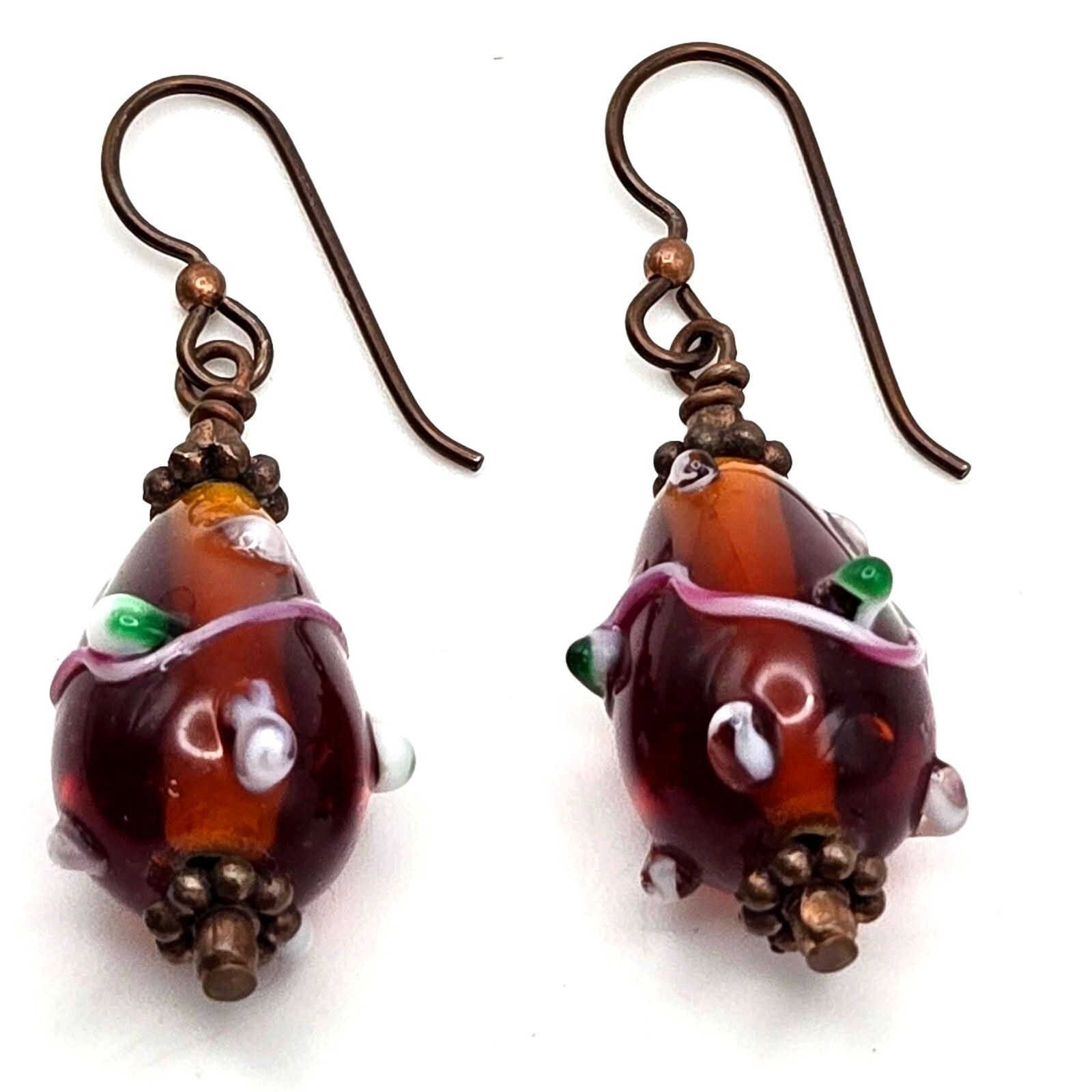 Teardrop Amber Colored Lampwork Glass Dangle Drop Earrings Bronzetone Hooks