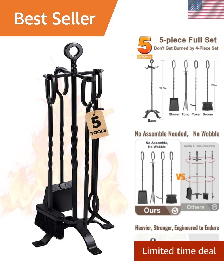 5 Pieces Fireplace Tools Set Indoor Wrought Iron Fire Place Pit Large Poker W...