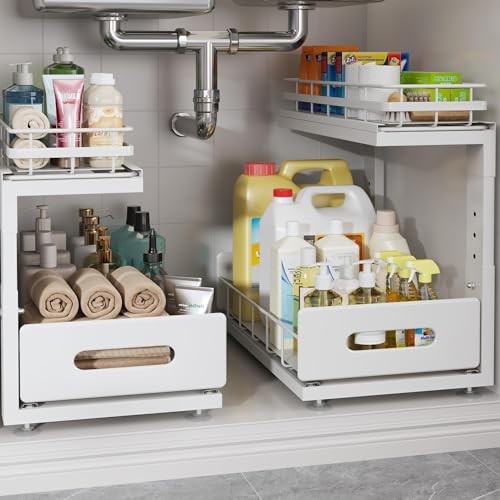 Under Sink Organizer Upgrade To Professional Rails,2-Tier Dual Pull Out 