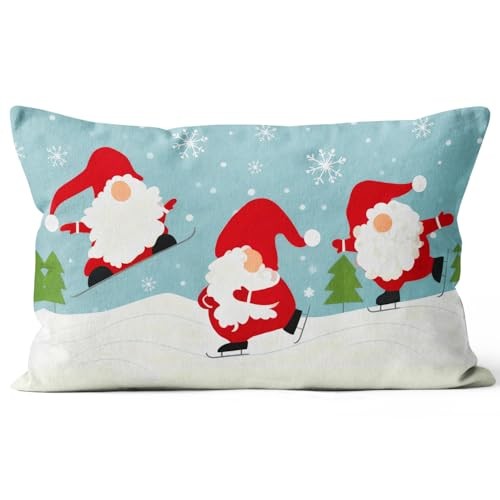 Cute Winter Snowman Joy Lumbar Pillow Covers 12x20 for Home Decor, Xmas Skiing 