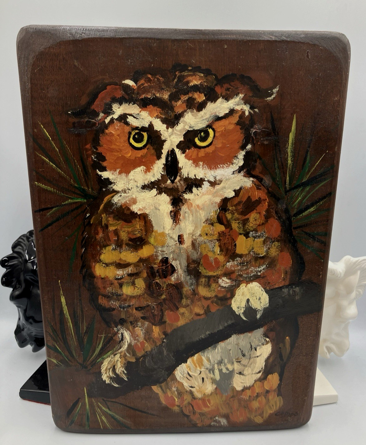 Vintage Great Horned Owl Handmade Handpainted Wooden Wall Art Plaque MCM Decor